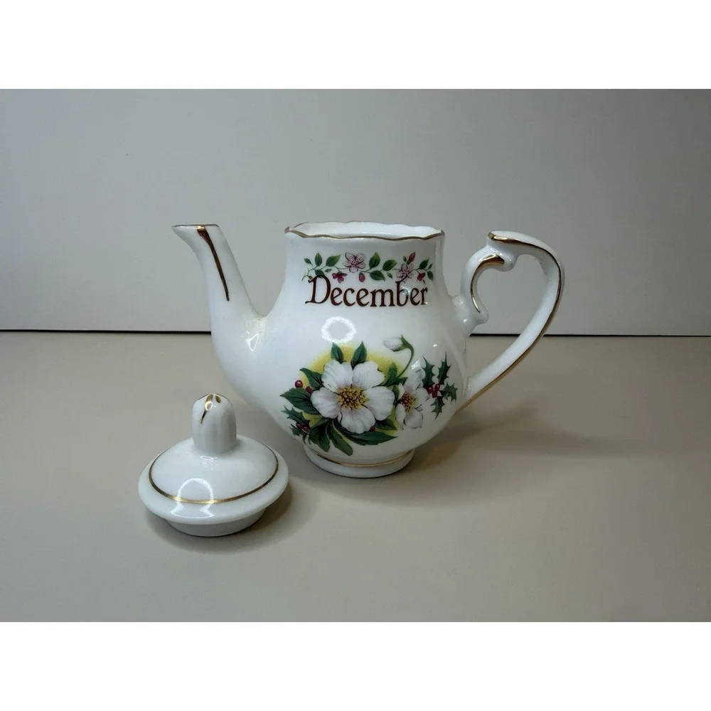 Teapot White  Floral December Mini Birthday Golden Crown E& R Germany  3 1/2